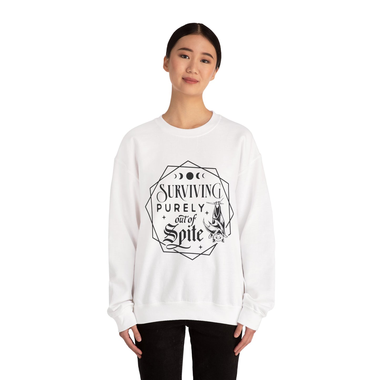 Surviving Purely Out of Spite Sweatshirt – Funny Mental Health Crewneck for Burnt-Out Women with Petty Energy