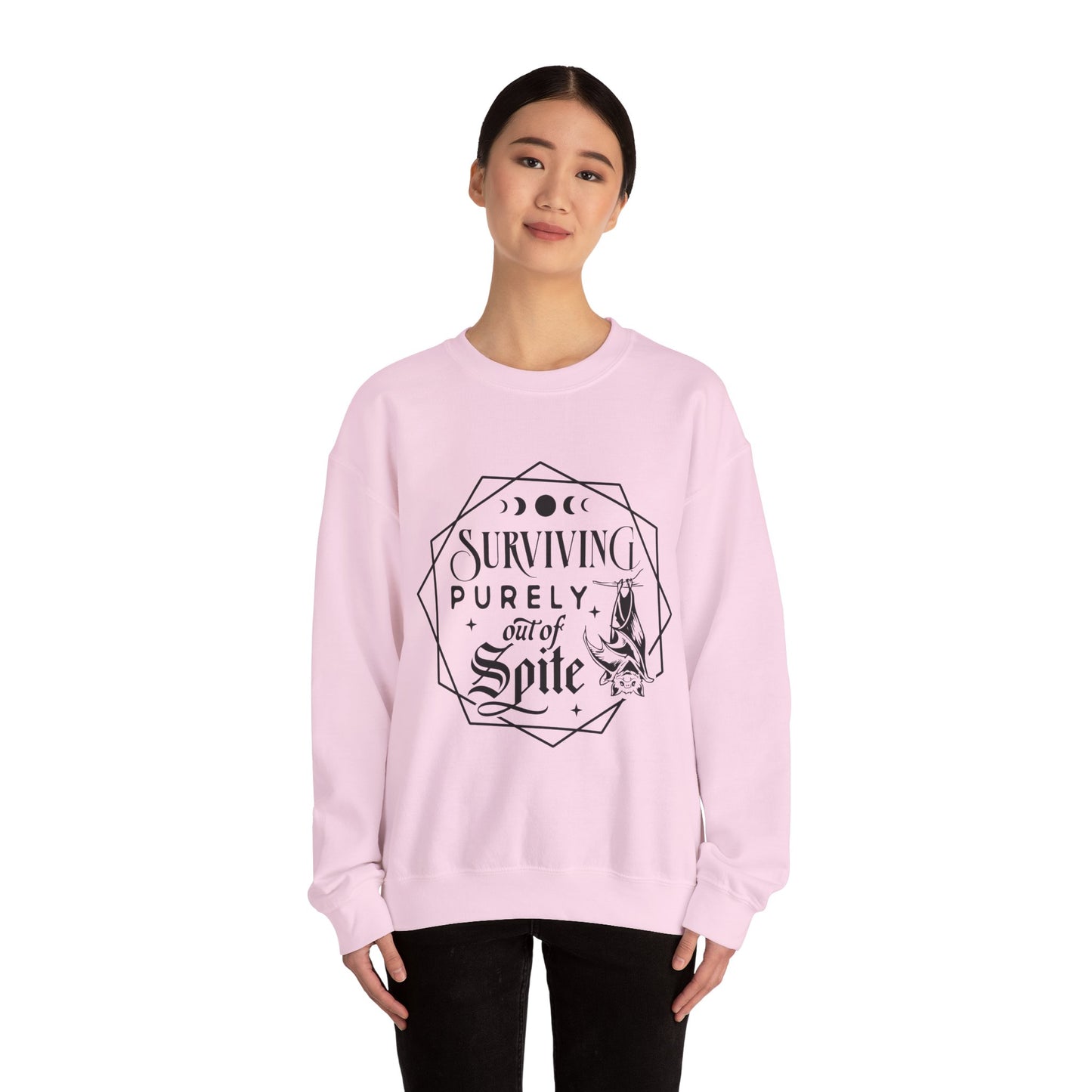Surviving Purely Out of Spite Sweatshirt – Funny Mental Health Crewneck for Burnt-Out Women with Petty Energy