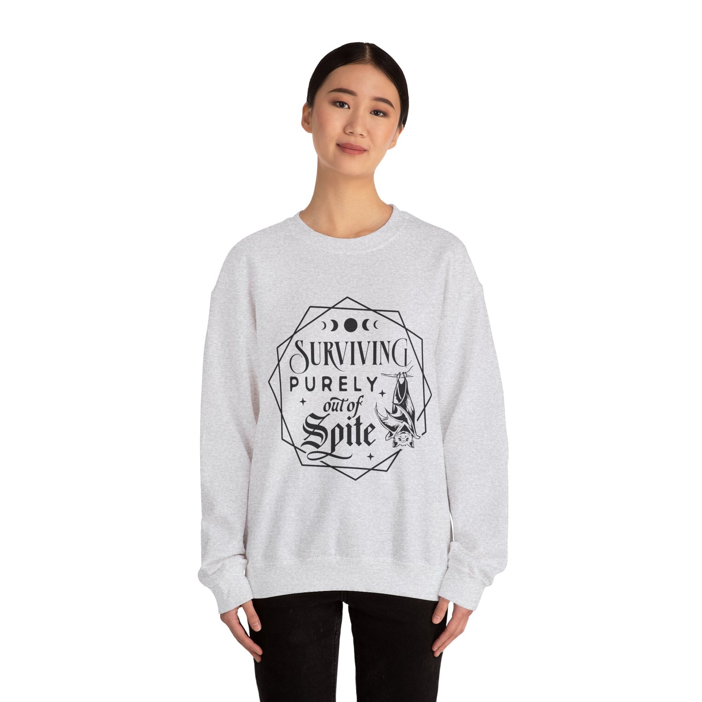 Surviving Purely Out of Spite Sweatshirt – Funny Mental Health Crewneck for Burnt-Out Women with Petty Energy
