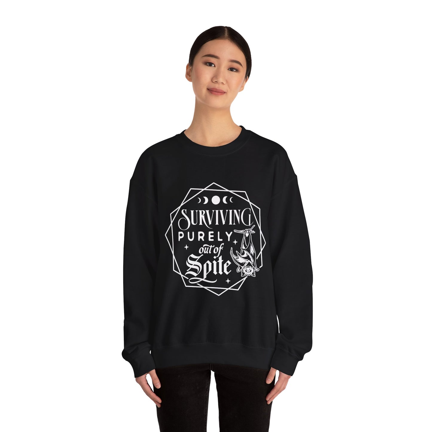 Surviving Purely Out of Spite Sweatshirt – Funny Mental Health Crewneck for Burnt-Out Women with Petty Energy
