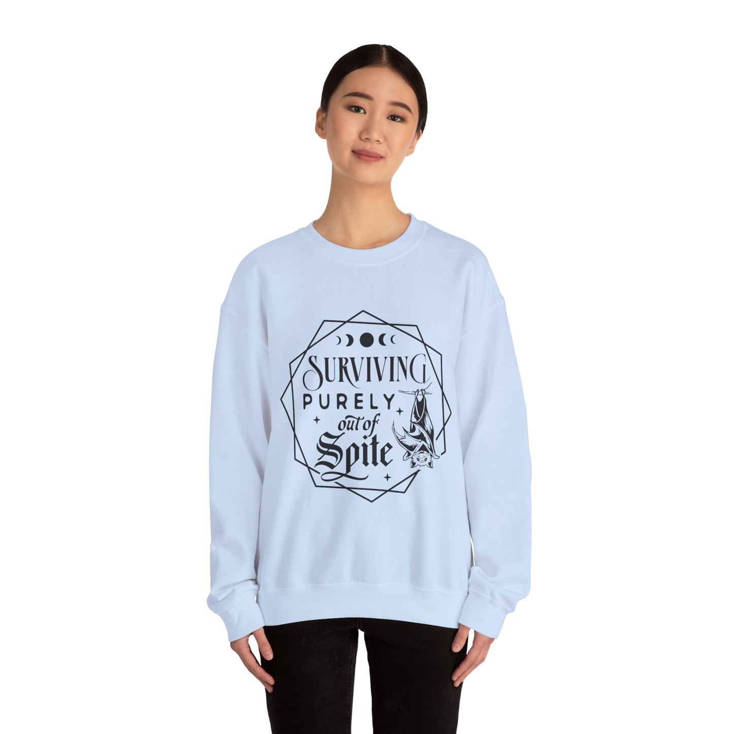 Surviving Purely Out of Spite Sweatshirt – Funny Mental Health Crewneck for Burnt-Out Women with Petty Energy